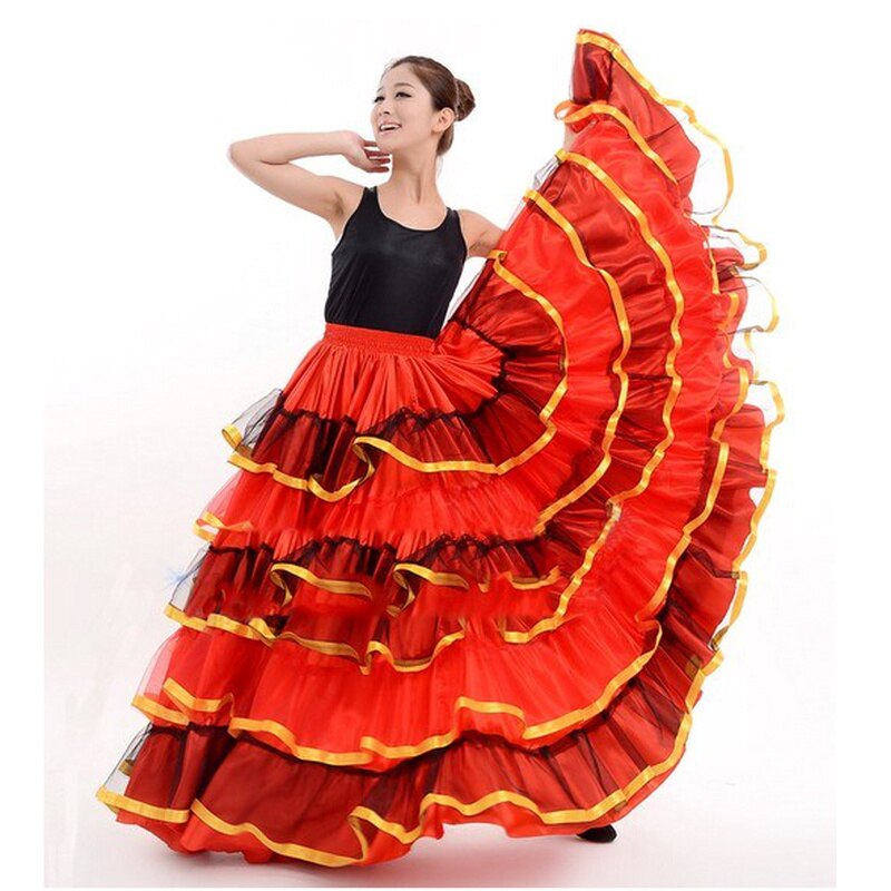 Womens Ballroom Spanish Flamenco Dance Skirt Red Dancer Fancy Dress Costume Belly Dancing Skirts 360/540/720 Degree