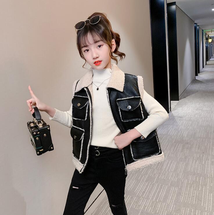 Girls Vest Autumn Winter Teenage Girls Black Pocket Warm Lining Vestes Children Top&outwear Kids Clothes 6 8 10 12 14Year