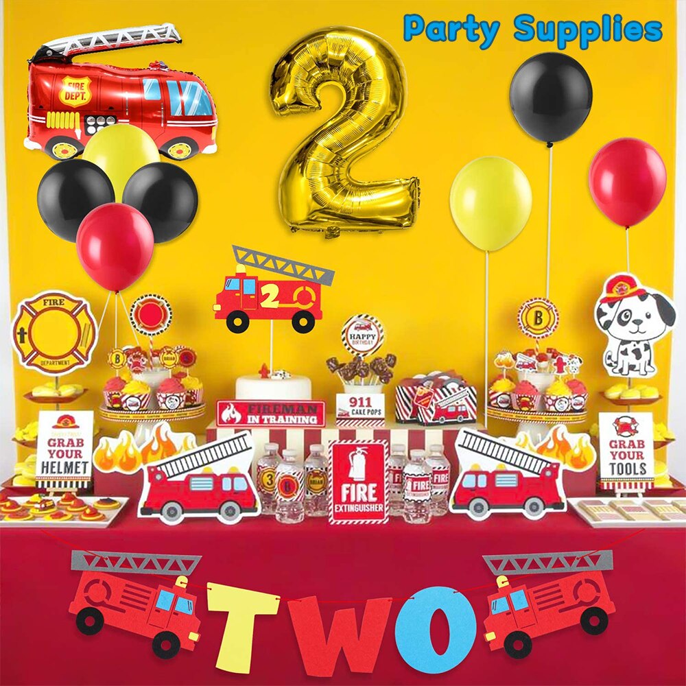 Party Supplies 42Pcs Firefighter Themed Fireman Two Year Old Party Fire Truck Banner Cake Topper Balloon Decoration for Kids