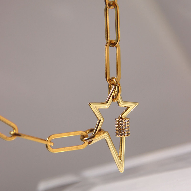 Peri'sBox Gold Color Large Paper Clip Chain with Star Carabiner Necklace Pave CZ Stone Statement Necklaces for Women