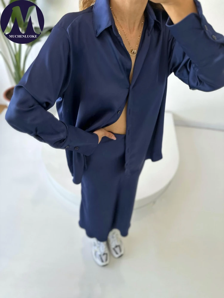 Women's Long Sleeve Shirt Tops Suits Slim Fit Large Swing Dress Set Casual Loose Spring Summer 2 Pcs