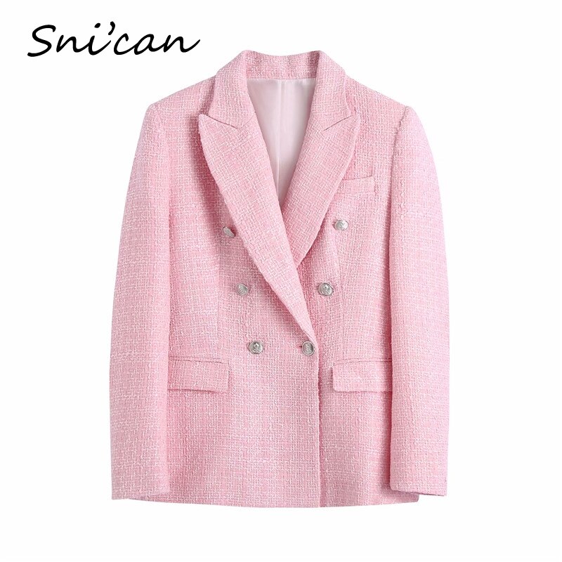 British Style Pink Tweed Jacket Coat Double Breasted With Pockets Office Ladies Chic Tops Casual Outwear Za Chaquetas