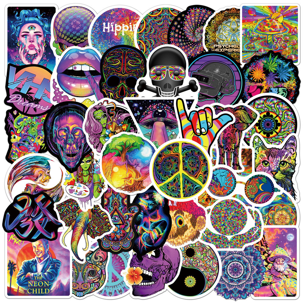 50Pcs Stoner Psychedelic Stickers Vinyl Waterproof Trippy Stickers Dazzling Decals DIY Stickers Scrapbooking Phone Sticker: Default Title