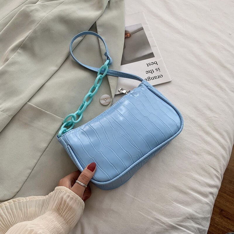 Bolso Baguette con de cocodrilo para mujer, cadena de Color caramelo , Bolso pequeño de hombro para mujer, moderno, bolso para axila de cuero: Azul