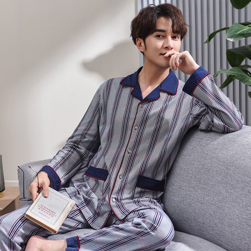 Stripe pajamas men long sleeve pajama set for male big yards sleep clothing casual nightie sleepwear men pyjamas suit autumn