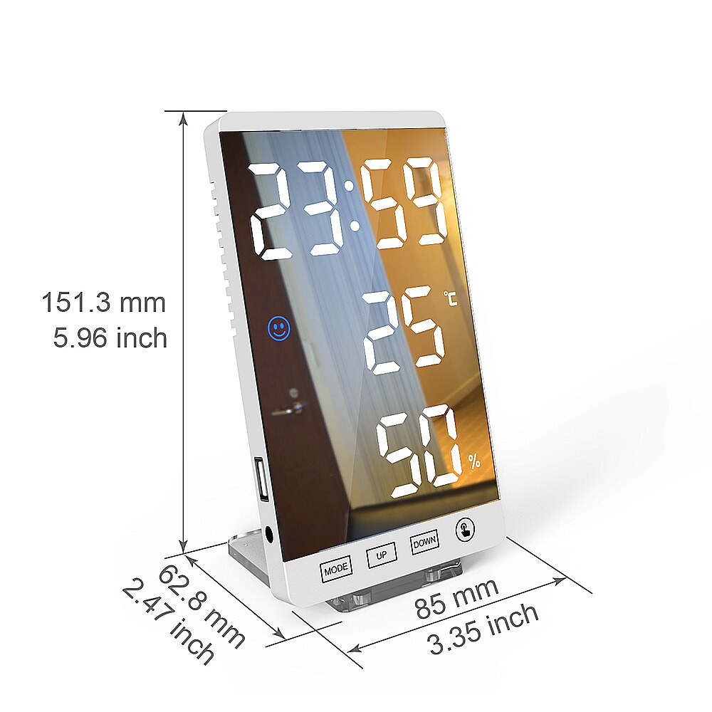 6 tommer led spejl vækkeur berøringsknap væg digitalt ur tid temperatur fugtighed display usb udgang port bordur: Hvid