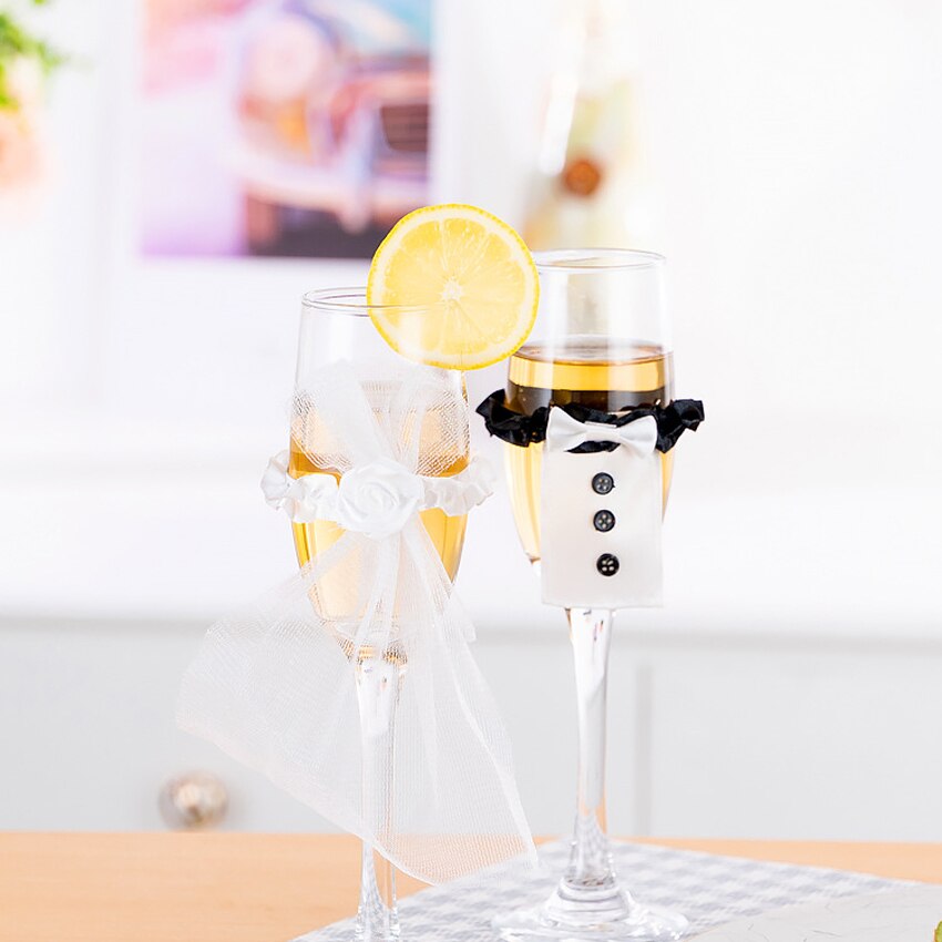 2pcs Toasting Decoration Bride&amp;Groom Tux Bridal Veil Party Wedding Mark Wine Glass Decor DIY Beautiful Decorations