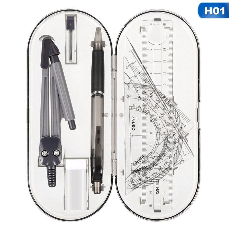 8pcs/set Plastic Geometry Protractor Drawing School Eraser Compasses Set Math Ruler For Students Learning Supplies