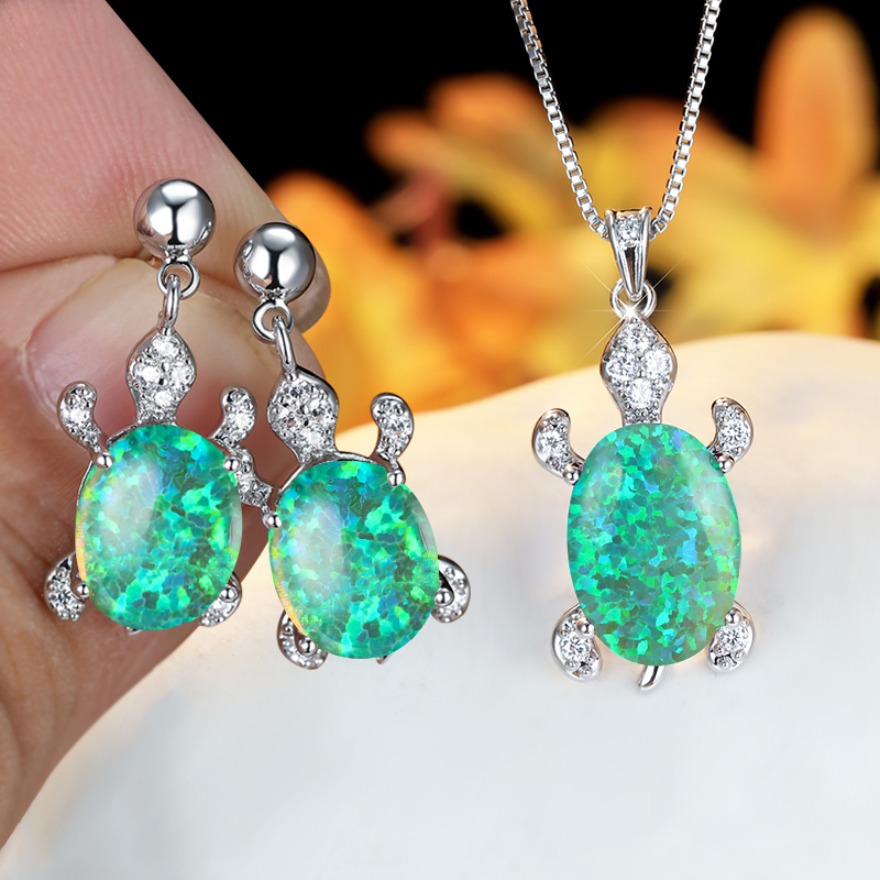 Regenboog Opaal Grote Ovale Steen Zee Schildpad Sieraden Sets Multicolor Crystal Tortoise Kettingen Oorbellen Voor Vrouwen Wedding Bridal Sets: Green Opal