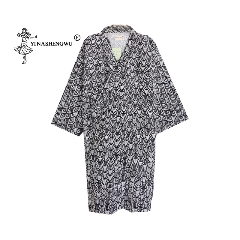 Simple Kimono Robe Yukata Kimono Cardigan Men Japan Traditional Pajamas Leisure Wear Homewear Water Ripple Print Cotton Bathrobe