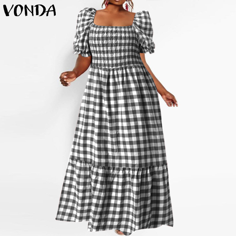 Plus Size Summer Dress 2022 VONDA Short Lantern Sleeve Square Collar Vintage Bohemian Plaid Dresses Femme Party Vestidos: Black / XXXL