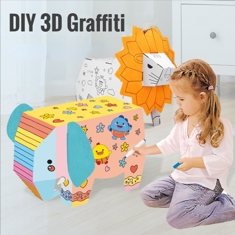 DIY 3d Carton Handmade Cardboard Animal Graffiti Model Kindergarten Carton Toy Can Be Colored Make Lion Elephant Toys