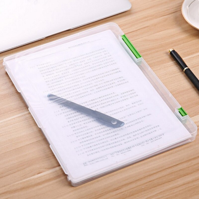 1PC Portable Waterproof File Box Student Folder Plastic Induction box A4 Sorting And sorting Transparent file Storage Box Office: GREEN