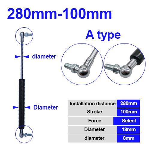 18*8 Rod Gas Spring folding hinge 50N-500N/5kg-50kg Force lift support Hole Center Distance 280mm stroke distance 100mm: Transparent / 1"