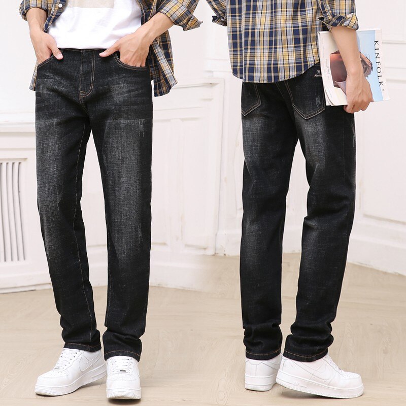 Efterårs stretch bomuld herre jeans med lige ben i klassisk stil mørkeblå denimbukser herre jeans med løs pasform