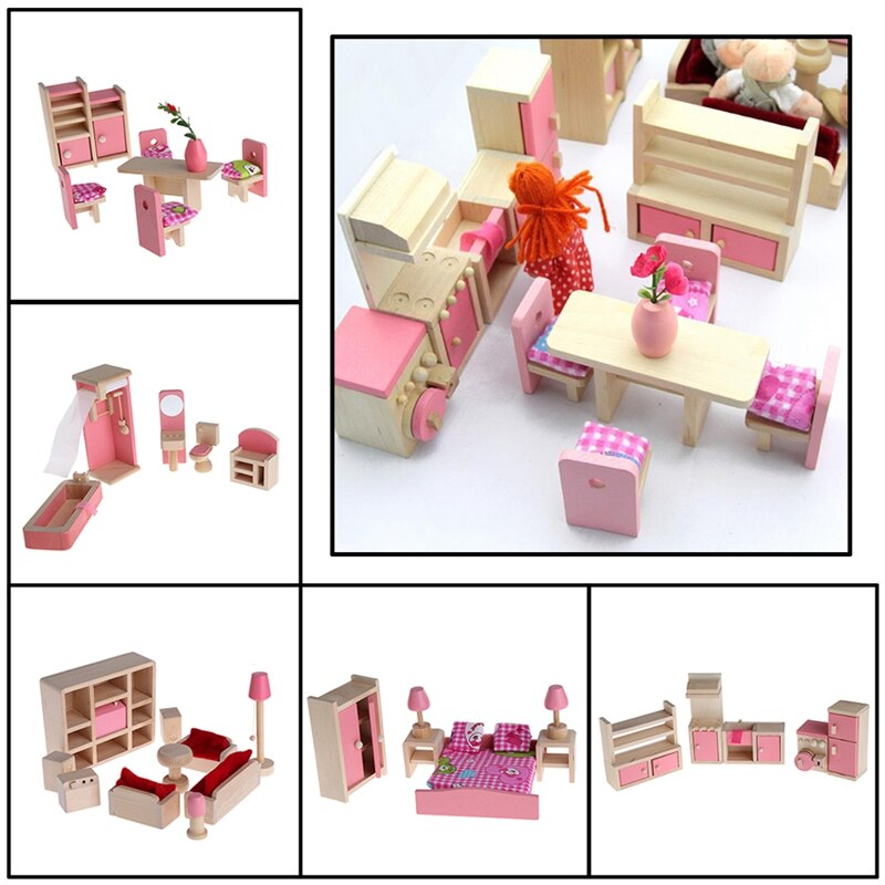 Kid Wooden Furniture Dolls House Miniature 5 Room Set Bedroom/Kitchen/Bathroom/Dinning/Living Room HBB