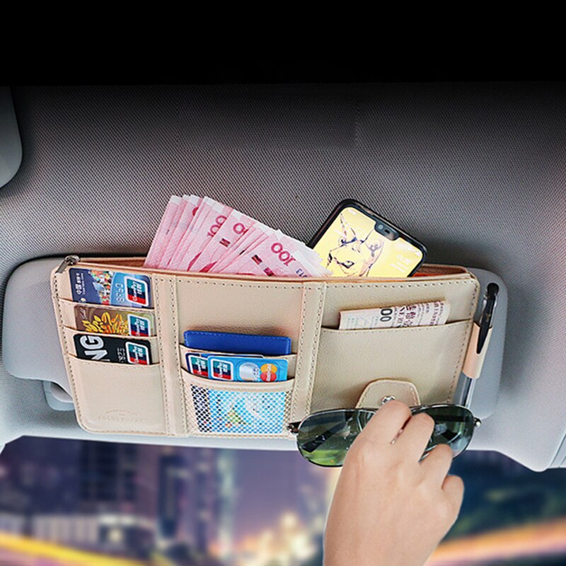 IKSNAIL-Soporte Organizador Universal para visera de coche, Funda de cuero PU para gafas de tarjeta, accesorios para coche, visera organizadora, estilismo para coche