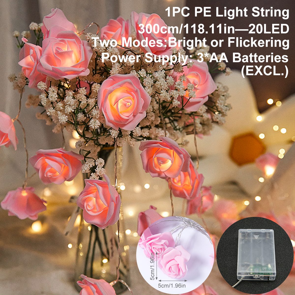 Guirnalda de luces LED con forma de rosa de 2m y 10LED, decoración de boda y cumpleaños, del Día de San Valentín, decoración de árbol de Navidad para el hogar y al aire libre