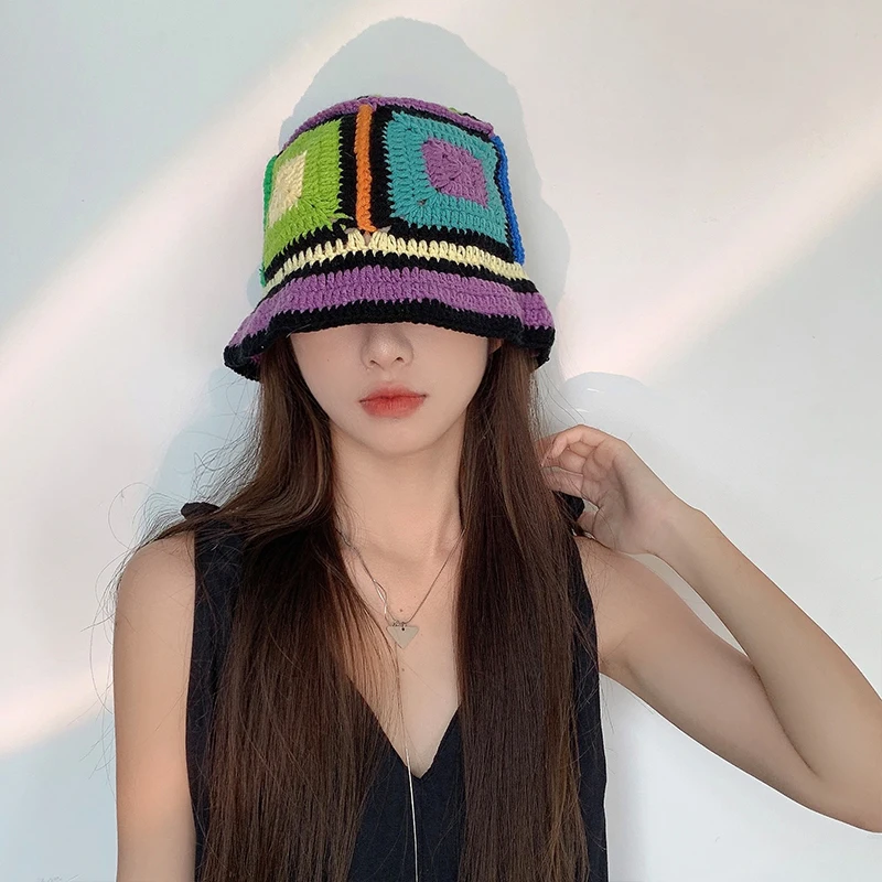 INS Korea Handmade Crochet Bucket Hats for Women Y2k Vintage Summer Beach Hat Flower Hollow Knitted Bob Sombreros Bonnet Caps