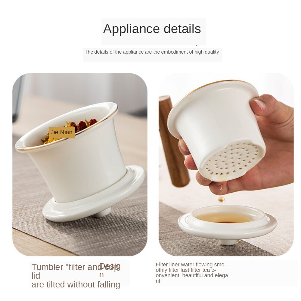 Ceramic Tea Cup Tea Mug with Lid and Infuser with Acacia Wood Handle Coffee Mug