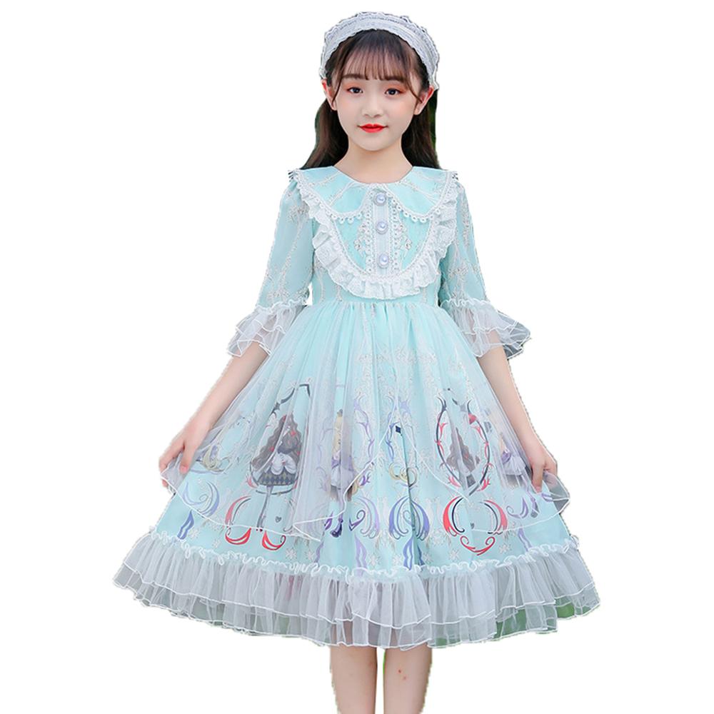 Girls Kids Pan Collar Lace Cover Up Floral Print Sweet Lolita Princess Dress: Green / 11T