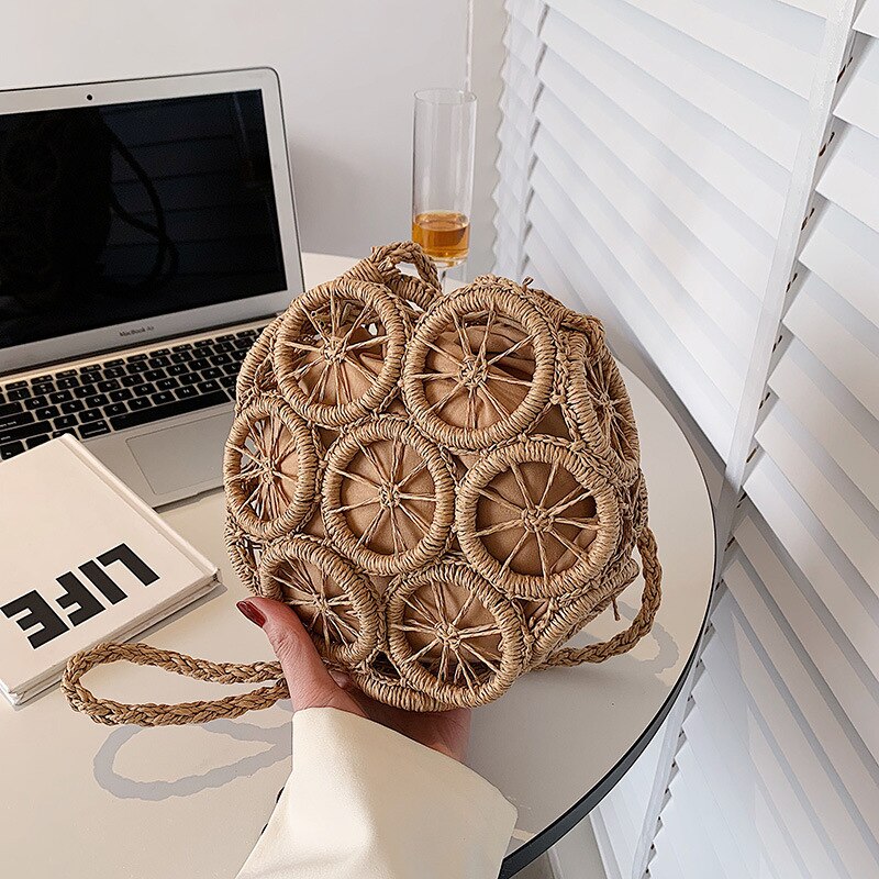 Yogodlns-Bolso de paja con forma de círculo para mujer, tejida a mano bandolera, para vacaciones, playa, bolso de hombro redondo, sa: light brown