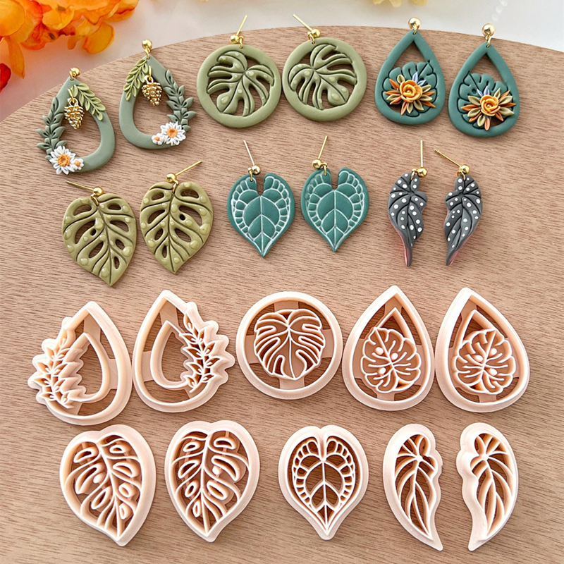 Cortadores de arcilla polimérica de hojas tropicales, hojas verdes en relieve, fabricación de cerámica, pendientes de arcilla colgantes, herramientas colgantes de joyería