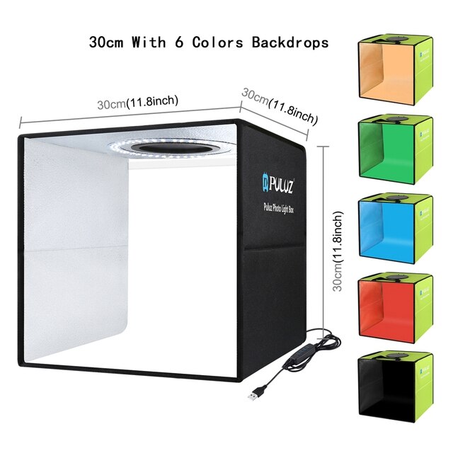Puluz Photo Studio Box Mini Ring LED Lightbox Photography Lighting Studio Shooting Tent Box Kit &amp; 6 Color Photographic Backdrops: 30cm Black Version