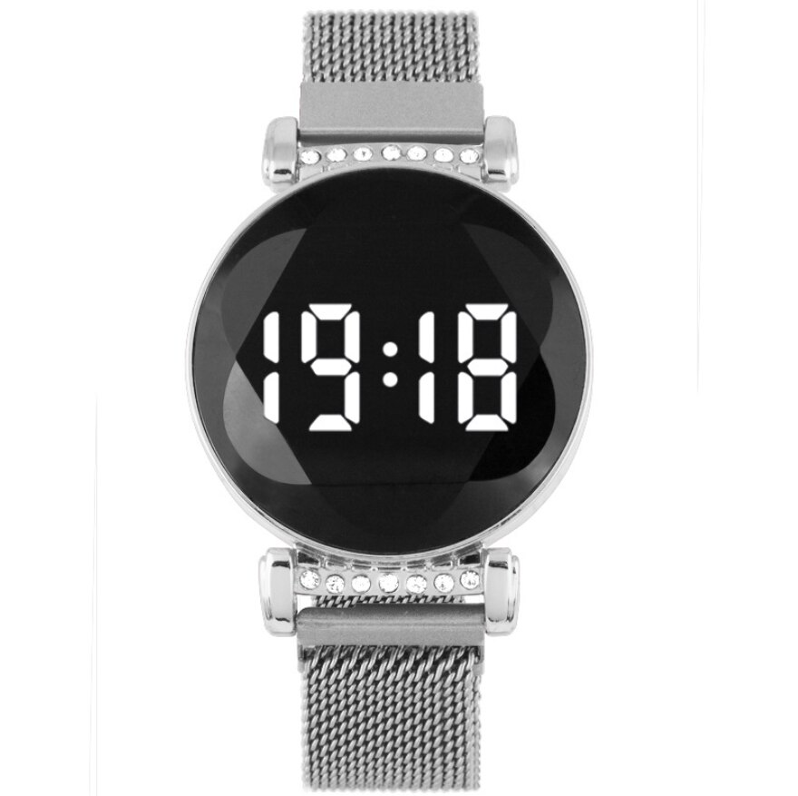 Meisjes trend elektronisch dameshorloge casual ronde led touchscreen dameshorloge magneetband damesstudentenhorloge: Zilver
