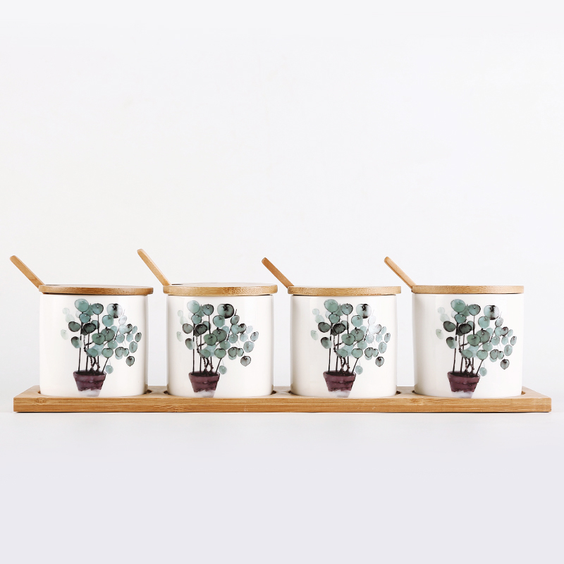 Nordic groene plant home keramische kruiden pot Eetstokjes opslag olie pot zout shaker combinatie set Restaurant keuken benodigdheden: C