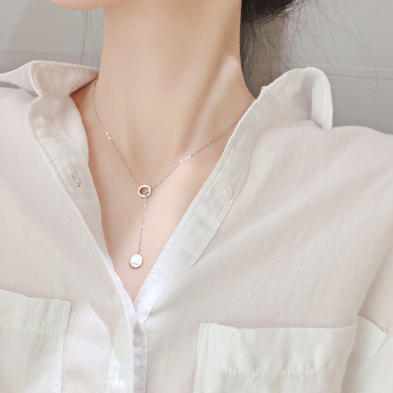 Collar de cadena larga de círculo redondo para mujer, de Plata de Ley 925, colgante de disco de amor con letras, de joyería, S-N601 al por mayor
