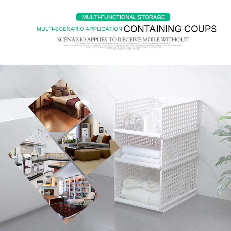 Newly Folding Bin Storage Organizer DIY Plastic Cabinet Shelves for Kitchen Office Bathroom