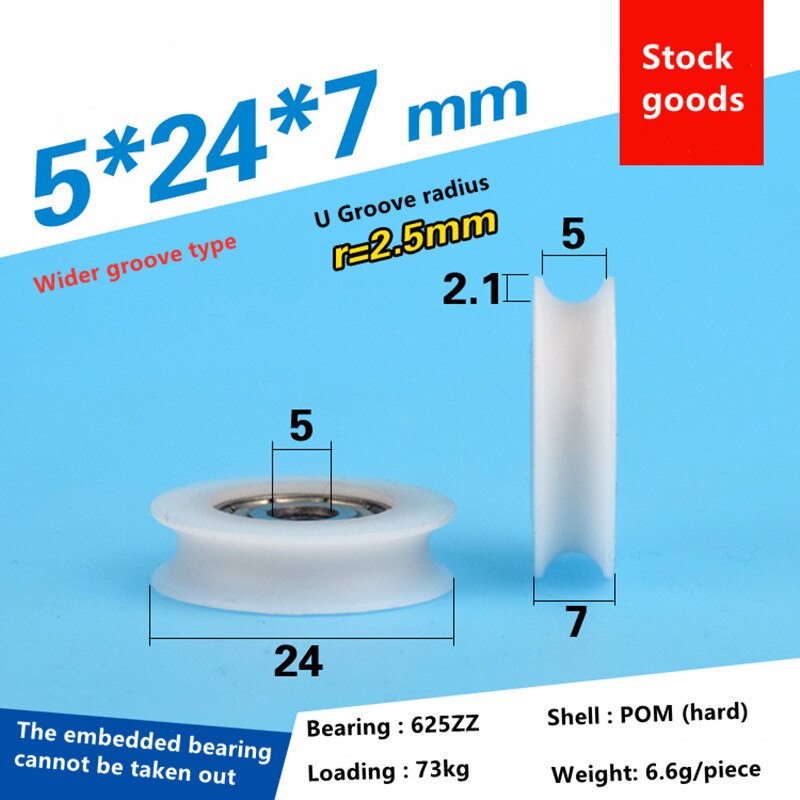20 pièces delrin POM plastique enduit portant nylon U rainure piste guidage roulements à rouleaux poulie Peilin roue alésage taille 3 4 5 6 mm: 5x24x7mm wider