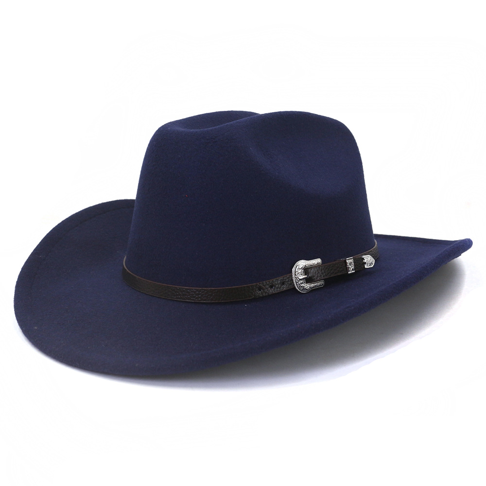 Chapéu de vaqueiro ocidental vintage masculino com cinto, aba enrolada, boné de igreja de jazz, novo, inverno, outono: Azul marinho