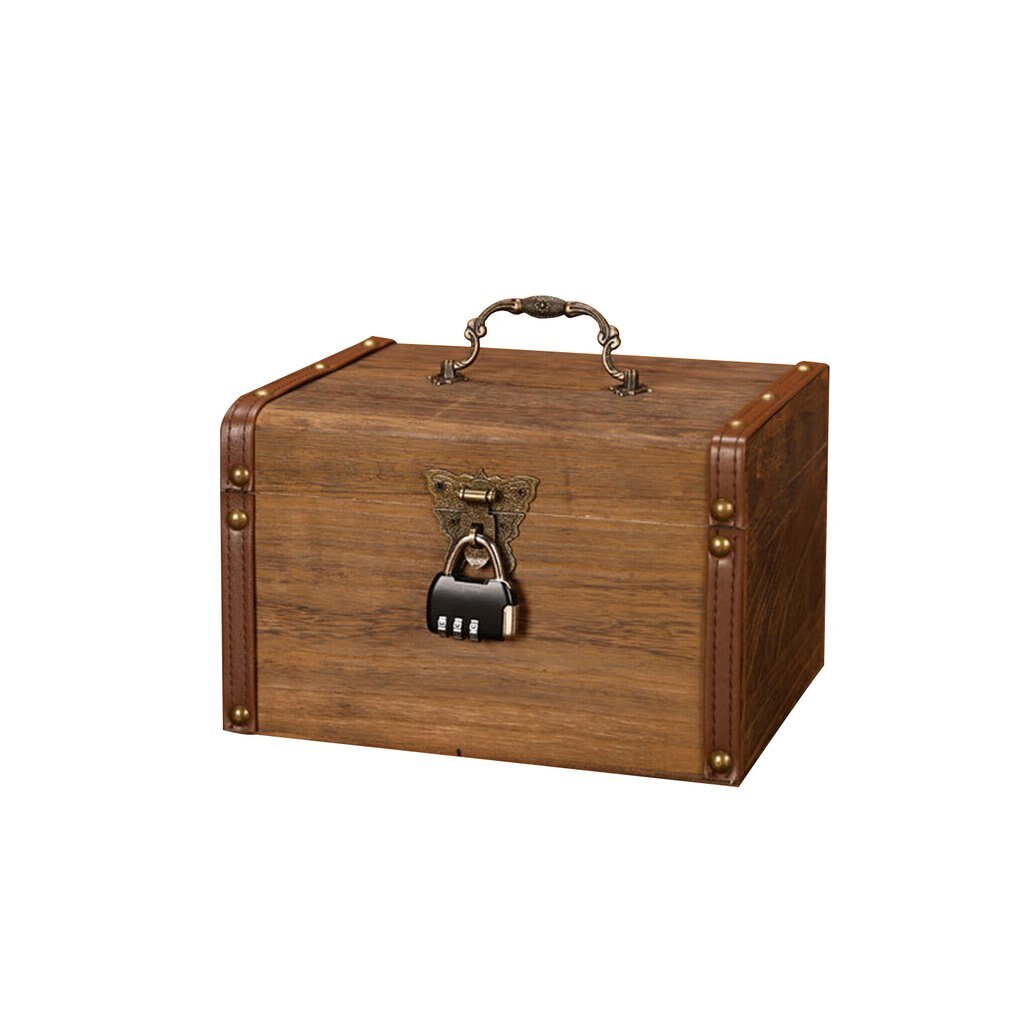 Household Small Safe Deposit Box Child Little Girl Wooden Piggy Bank Retro Desktop Storage Box: L black code lock