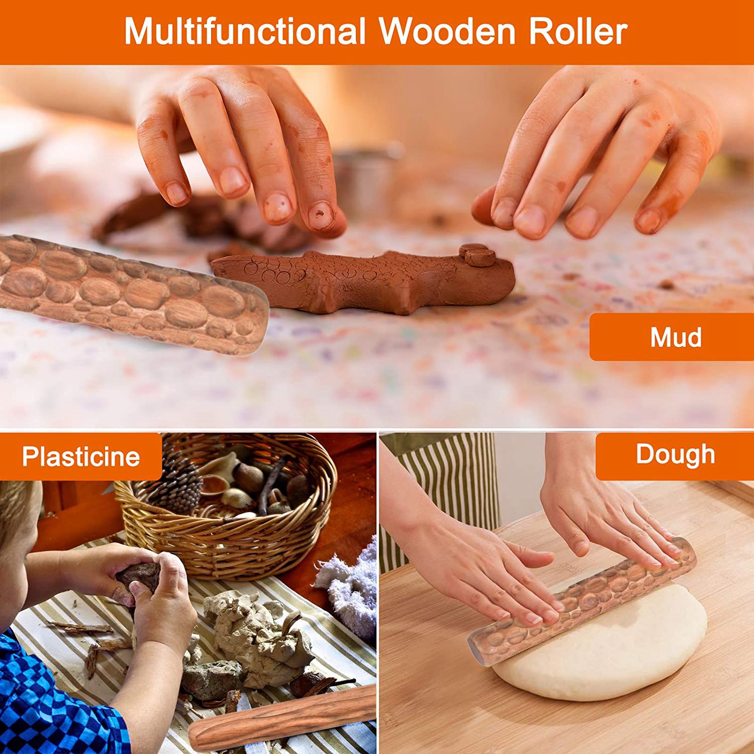 2Pcs Clay Modeling Pattern Rollers, Cobblestone Wood Grain Pattern Clay Rolling Pin Textured Hand Roller Pottery Tools