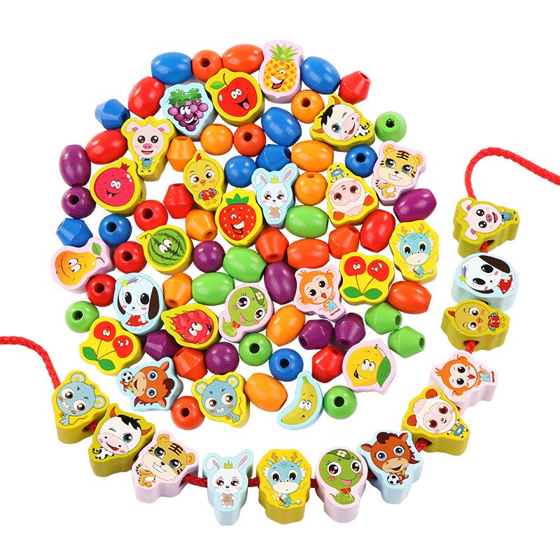 Kids Wooden Toys Cartoon Fruit Animal Beaded Toys Pull Lace Wood Beads Game Puzzle DIY Matching Accessories Beads