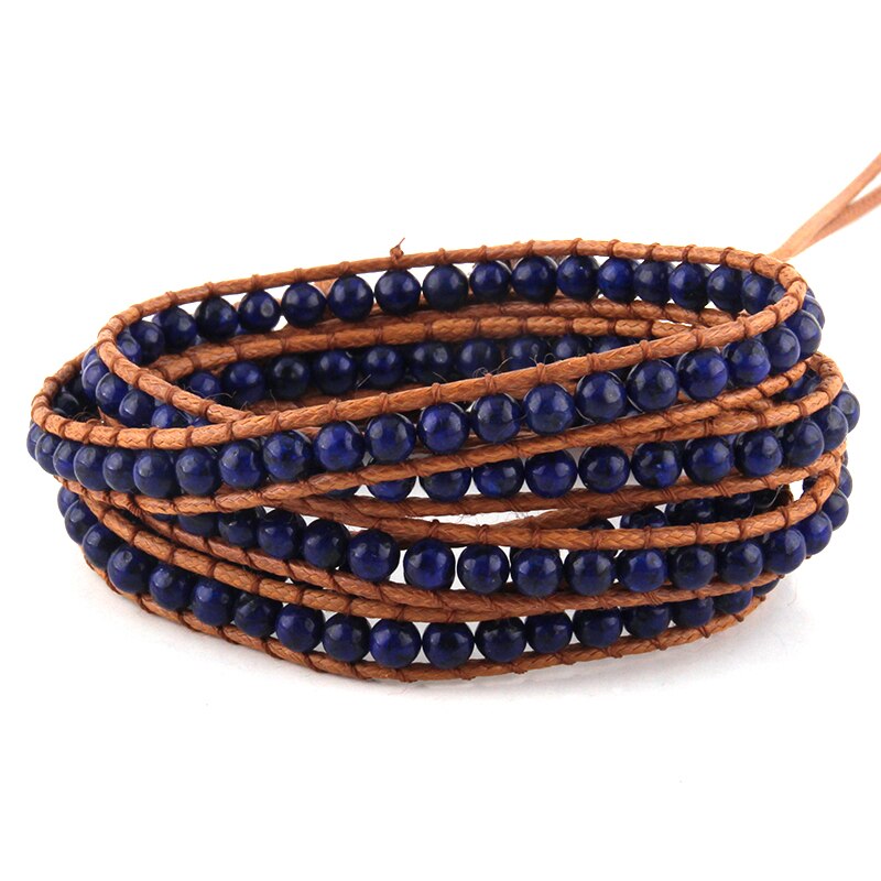 Joyería de para mujer, pulsera de cuero marrón hecha a mano, 5 hebras, piedras naturales de 4mm, pulseras envolventes, DropShippers: Navy Blue