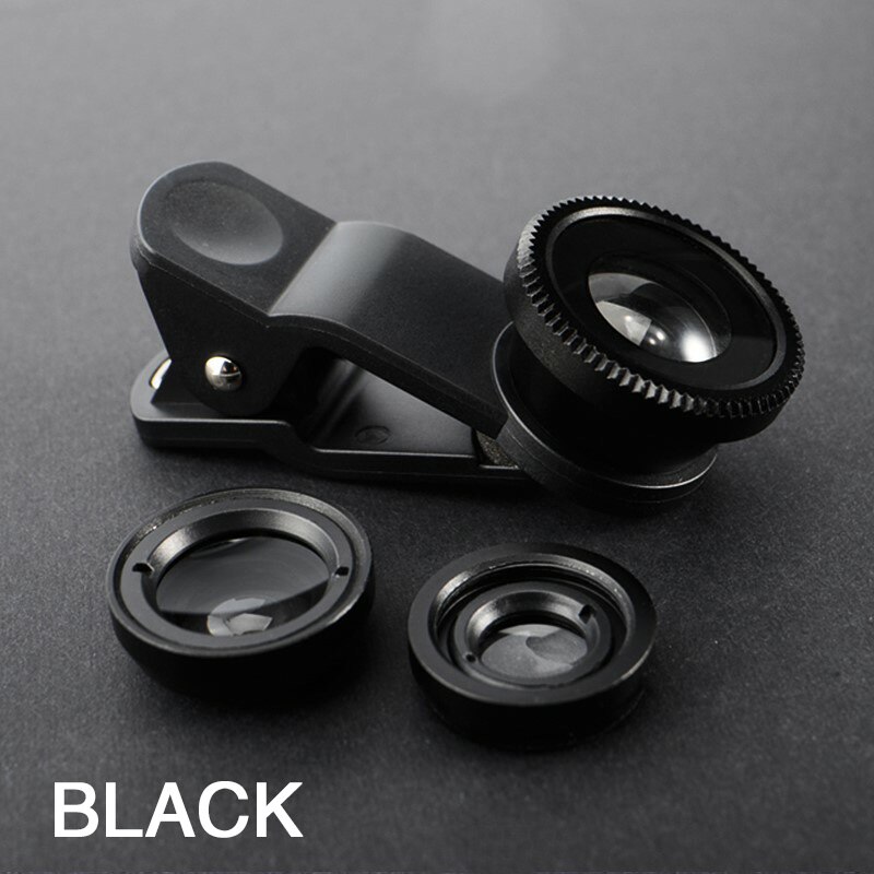 Conjunto de microcámara de ojo de pez 3 en 1, gran angular, ojo de pez móvil con Clip 0.67x, para iPhone y Samsung, Zoom óptico extendido: Negro