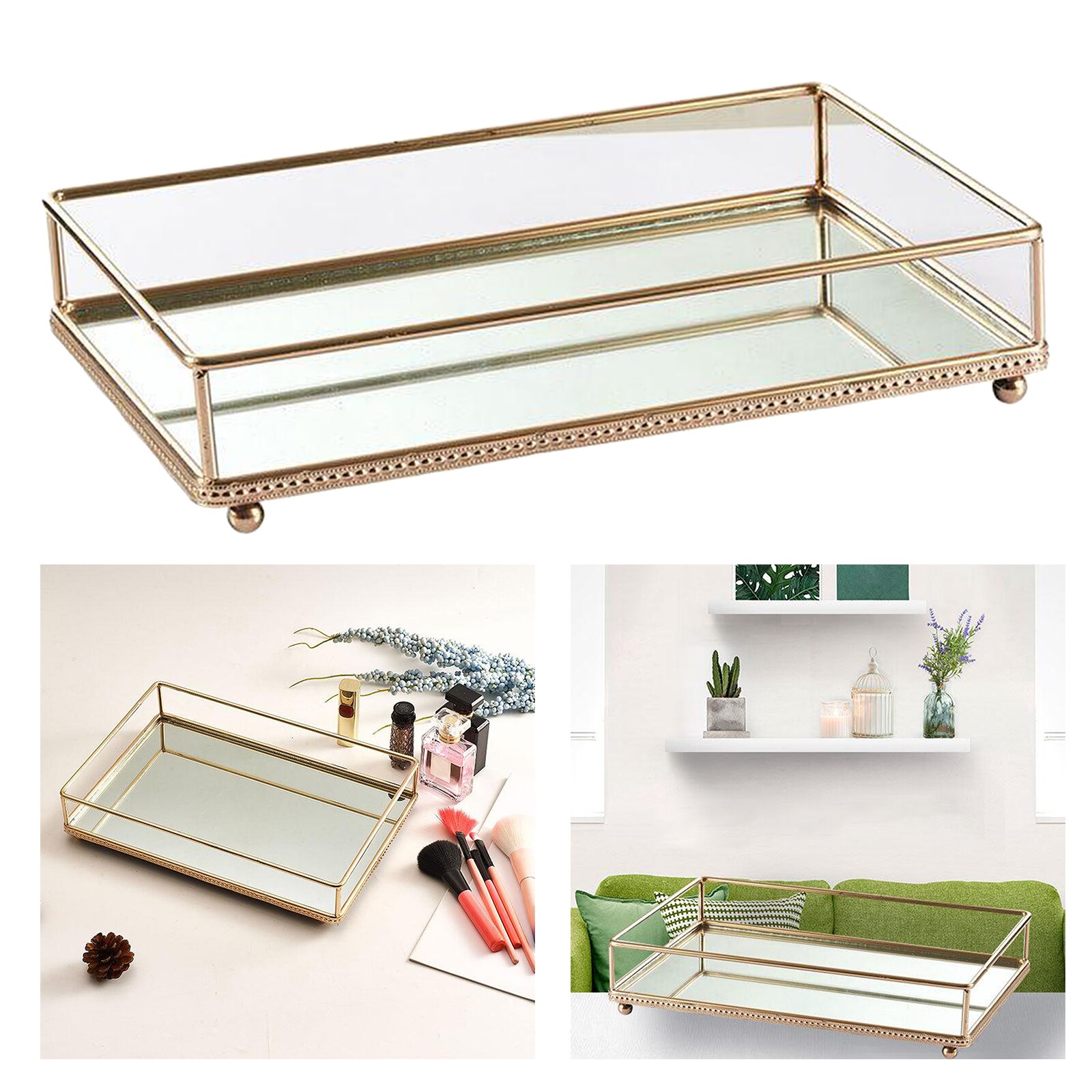 Organisateur Plateau Cosmétique Miroir Polygonal Or Rose - Plateau Maquillage En Métal Pour Vanity, Bureau & Salle De Bain