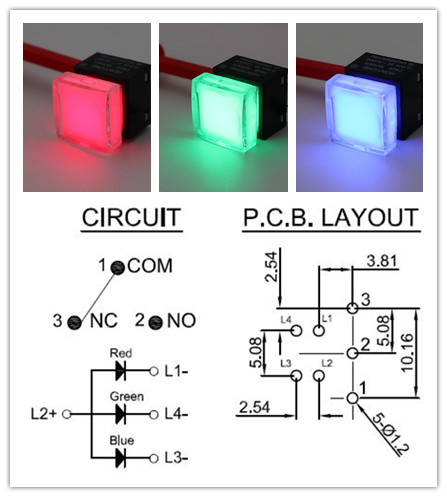 PB26-13M cuadrado 15*15mm con LED SPDT momentáneo auto-retorno botón pulsador PCB interruptor para procesador de vídeo: Triple Color RGB LED