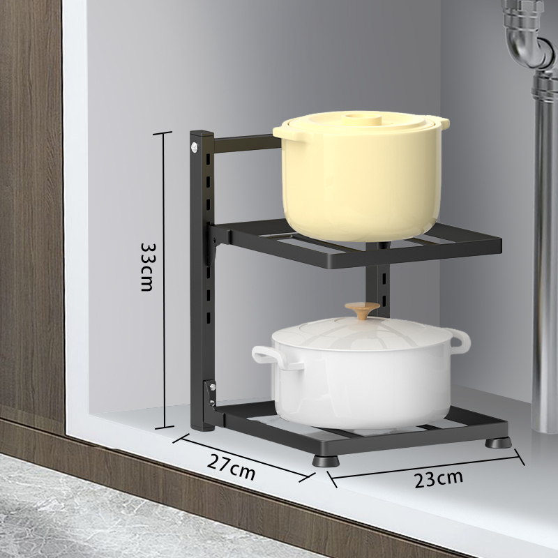 Kjøkkenvask oppbevaringsstativ flerlags komfyrskap, justerbar grytestativ for husholdningskomfyrer: Svart