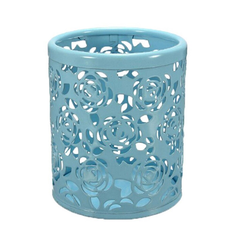 Metal hollow rose flower cylindrical pen pen holder holder container retro makeup brush holder office storage XH8Z: Blue