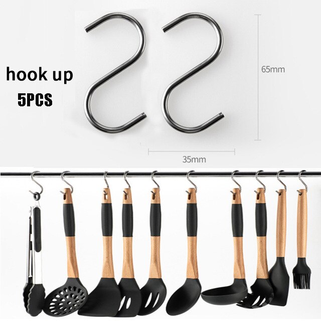 Kitchen Tools Natural Acacia Wood Silicone Cookware Utensil Set Cozinha Spatula Soup Pasta Mestoli Silicone Kitchen Accessories: hook 5pcs