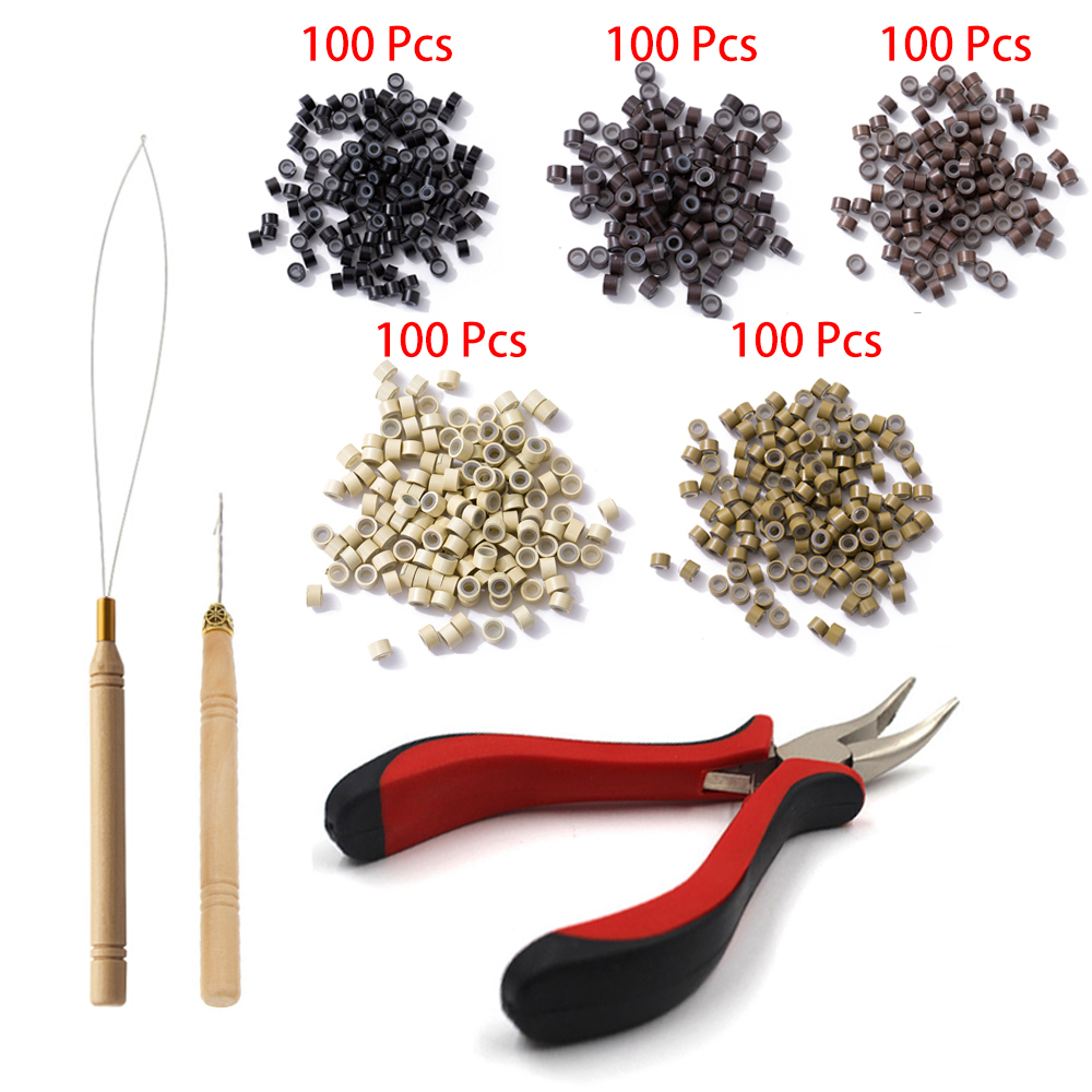 Kit de ferramentas para extensões de cabelo, 500 peças, preto, marrom escuro, marrom claro, dourado, micro anel, contas, 1 micro contas, alicate, 1 gancho, agulha puxando: Verde