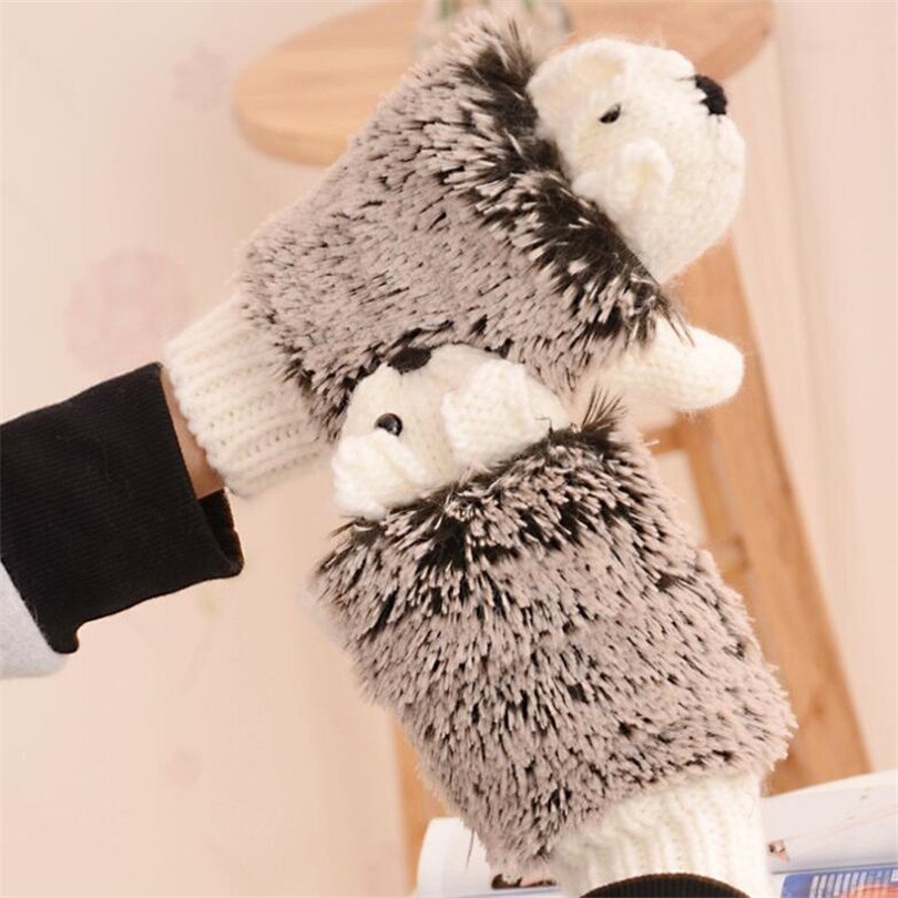 Winter Gloves for Women Girls Novelty Cartoon Knit Thick Mittens Warm Fitness Gloves Hedgehog Ski Heated Wrist Mittens: G014 White