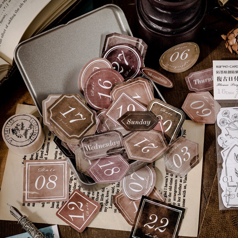 Journamm 45pcs Vintage Date Sticker Flakes Scrapbooking Bullet Journal Paper Craft Stationery Sheets Label Stickers