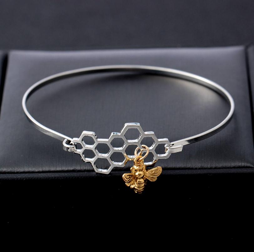 Color oro blanco Honeybe brazaletes Braceletse de aleación de Zinc de lindo pulsera con abejas personalidad joyería de 6,5 cm(2 4/8 ") diámetro de 1Pc