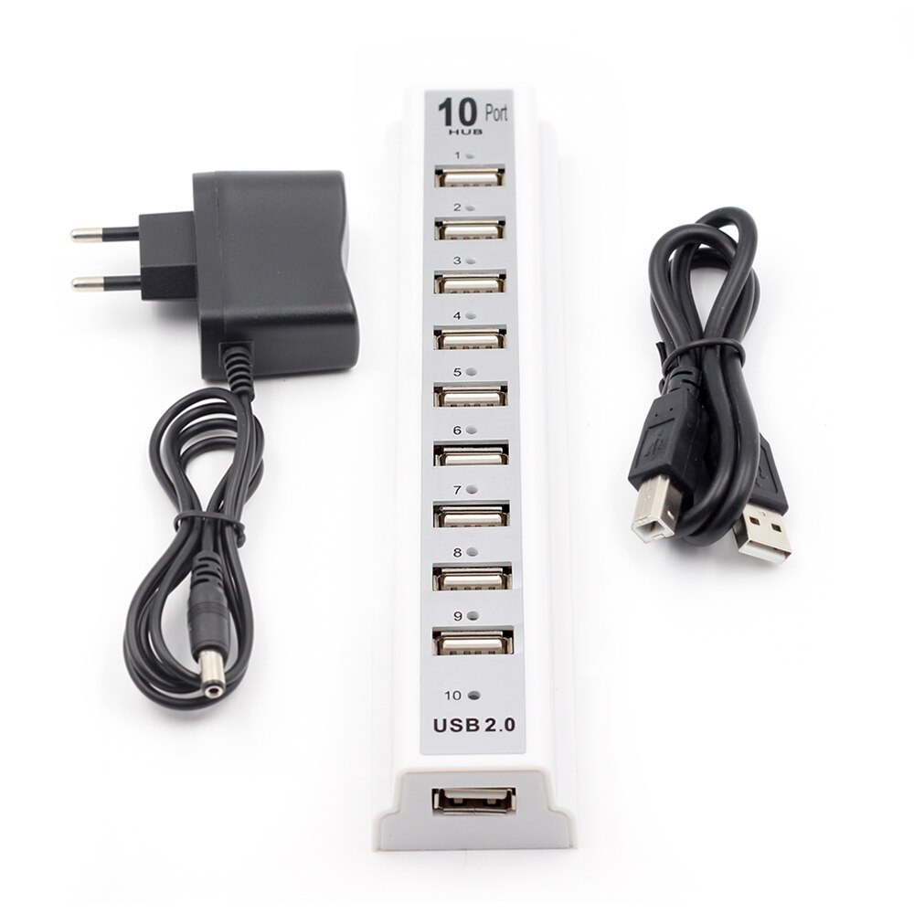 Usb-hub 2.0 10- poorts hoge snelheid 480 mbps usb 2.0- hub multi-usb-splitters met eu/vs-stroomadapter voor pc, laptop en notebookcomputer