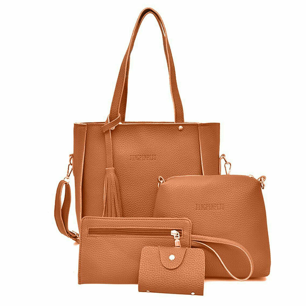 4Pcs Set Women Lychee Pattern Mother-child Four-piece Handbag Messenger Bag Wild Mini Bucket Tassel Single Shoulder: Brown